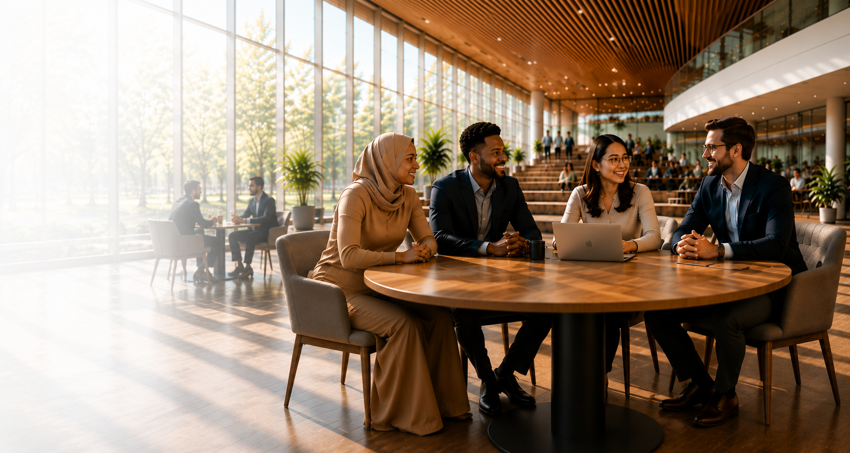 A diverse group of Builders collaborating in a bright modern atrium
